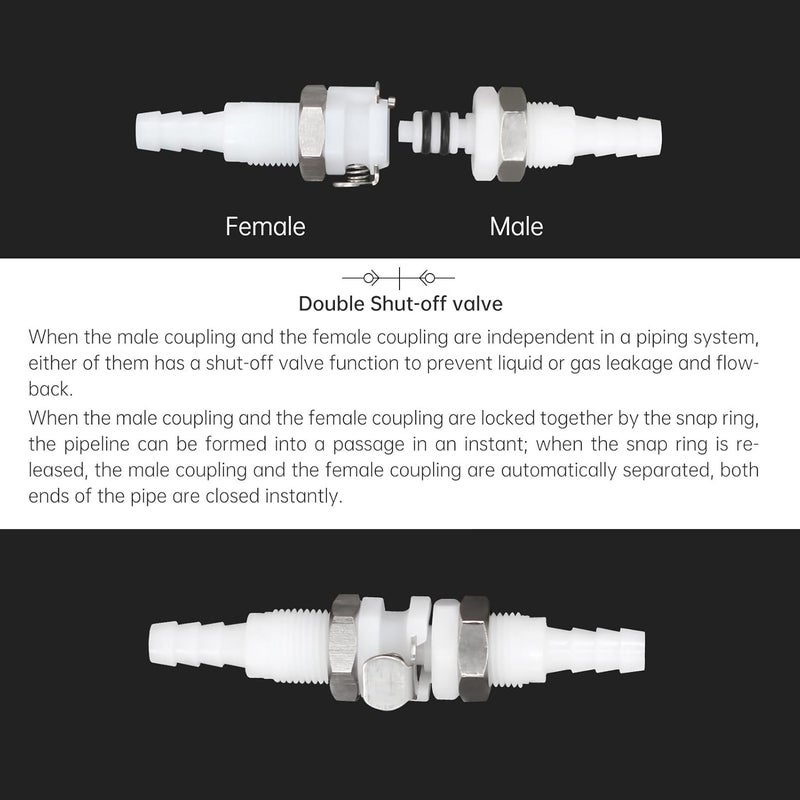 BBTUS 2Pcs 1/8" 3/16" 1/4" Plastic Hose Quick Connector with Shut-Off valve Panel Mounting Hose Tube Connector，Male Female Quick Connect Fittings (2 Male+ 2 Female) (1/8") - Image 4